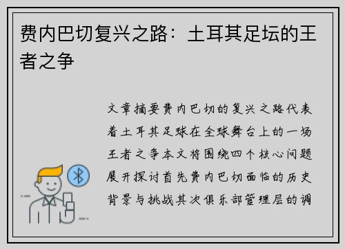 费内巴切复兴之路：土耳其足坛的王者之争