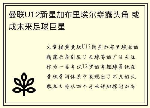 曼联U12新星加布里埃尔崭露头角 或成未来足球巨星
